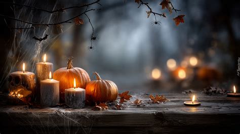 Kompozycja halloweenowych dekoracji: dynie, suszone liście, świece, sztuczna pajęczyna.