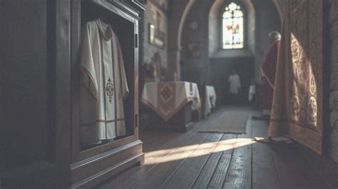 Scena z filmu przedstawiająca Daniela w stroju księdza podczas mszy w kościele wiejskim.