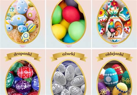 Ilustracja przedstawiająca różne rodzaje styropianowych pisanek udekorowanych na Wielkanoc