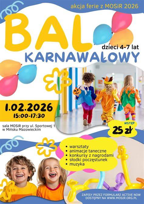 plakat balu karnawałowego dla dzieci w Płocku z hasłem