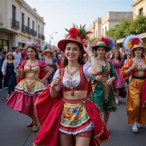 Kolorowa parada karnawałowa z tancerzami w ozdobnych strojach