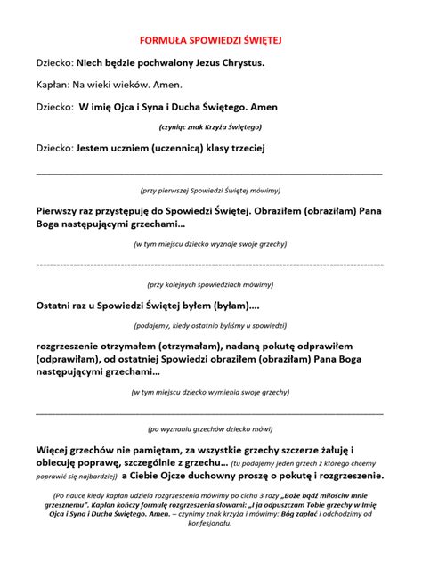 Przykładowy formularz kartki do spowiedzi z polami do wypełnienia: imię, nazwisko, cel spowiedzi, data, podpis spowiednika.