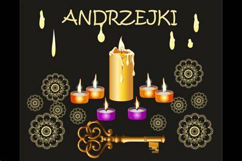 Ilustracje przedstawiające tradycyjne wróżby andrzejkowe, takie jak lanie wosku przez klucz.
