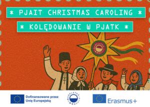 Ilustracja przedstawiająca grupę kolędników w tradycyjnych strojach, niosących instrumenty, w otoczeniu śnieżnego krajobrazu.