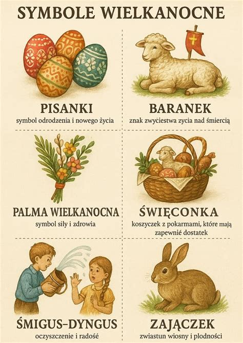 Grafika przedstawiająca poszczególne symbole wielkanocne z ich znaczeniem.