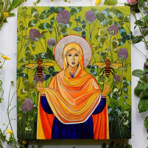 Ilustracja przedstawiająca symboliczne połączenie elementów religijnych (np. lilia, postać Matki Boskiej) i wojskowych (np. żołnierz, sztandar)