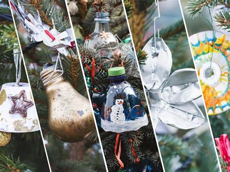Kolaż zdjęć przedstawiający różne ozdoby świąteczne wykonane z recyklingu