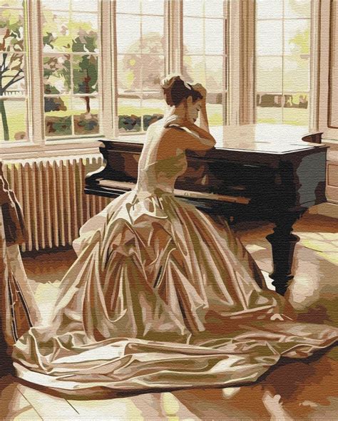 Portret młodej pianistki siedzącej przy fortepianie, przygotowującej się do występu.