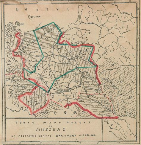 Mapa państwa Mieszka I z zaznaczonymi grodami Gniezno, Poznań, Kraków oraz miejscem bitwy pod Cedynią.