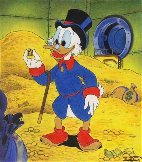 Sknerus McKwacz jako Ebenezer Scrooge, stojący w zaspie śnieżnej