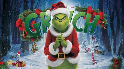 Grafika przedstawiająca postacie z bajek świątecznych: Grinch, Rudolf, duchy z