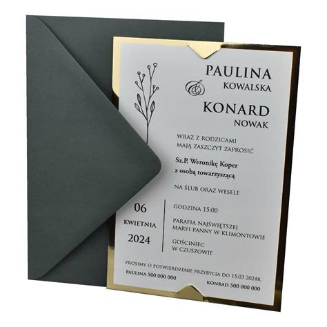 Przykład eleganckiego zaproszenia ślubnego z ozdobną wstążką i tłoczeniami.