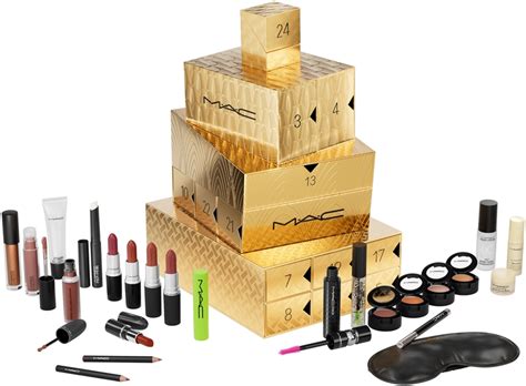Kalendarz adwentowy MAC Cosmetics z produktami do makijażu.