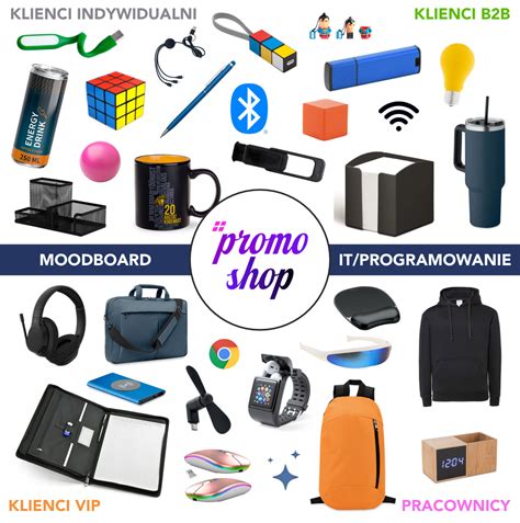 Zdjęcie przedstawiające różnorodne gadżety dla informatyków, w tym kubki z motywami technologicznymi, figurki i akcesoria biurowe.