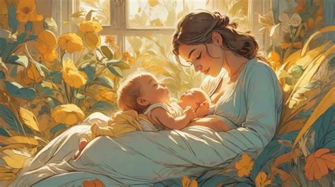 Ilustracja przedstawiająca matkę karmiącą niemowlę z widocznym uśmiechem, symbolizująca więź i bezpieczeństwo.
