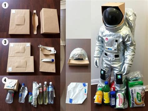 Ilustracja przedstawiająca etapy tworzenia stroju Rycerza i Astronauta z kartonu i materiałów recyklingowych.