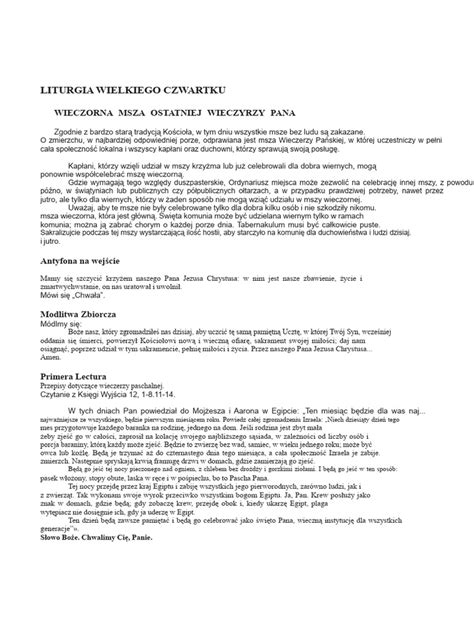 schemat przebiegu Wielkiego Czwartku w kościele