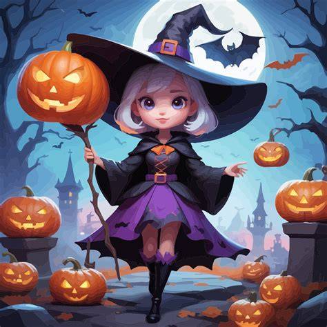 stylizowana grafika przedstawiająca symbole Halloween: dynia, duch, czarownica