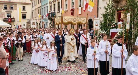 Ilustracja przedstawiająca procesję Bożego Ciała z monstrancją niesioną pod baldachimem