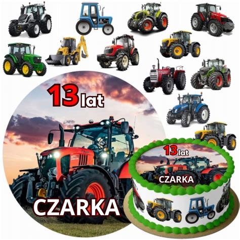 Ilustracja przedstawiająca zestaw opłatków na tort z motywem traktorów: okrągły opłatek, mini opłatki na muffinki i duży opłatek A4 z wizerunkami traktorów.