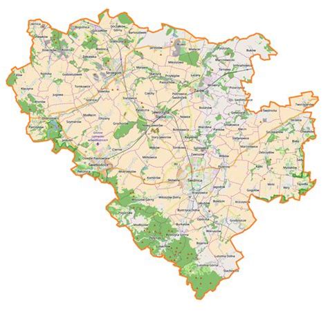 Mapa powiatu świdnickiego z zaznaczonymi miejscowościami, gdzie odbędą się wydarzenia strażackie