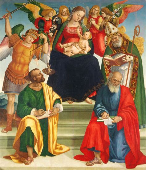 Ilustracja przedstawiająca niebo z licznymi świętymi i aniołami, symbolizująca wspólnotę zbawionych.