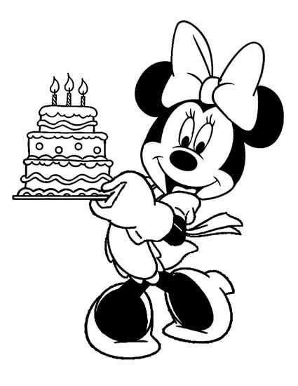 Ilustracja Myszki Minnie z tortem urodzinowym i balonikami
