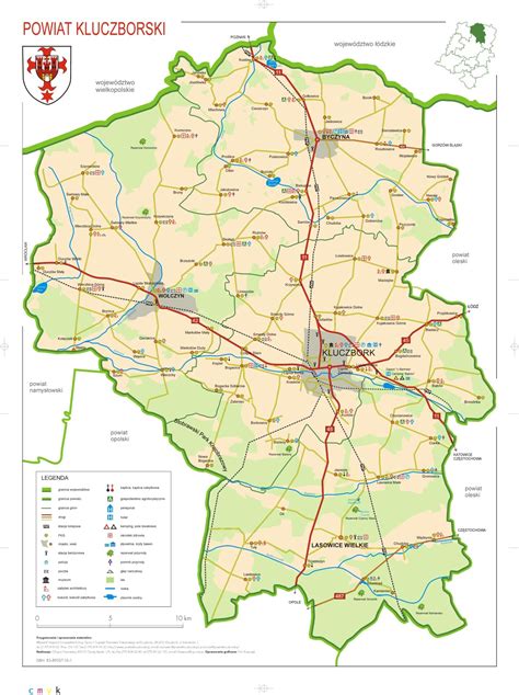 Mapa Powiatu Średzkiego z zaznaczonymi atrakcjami przyrodniczymi i zabytkami