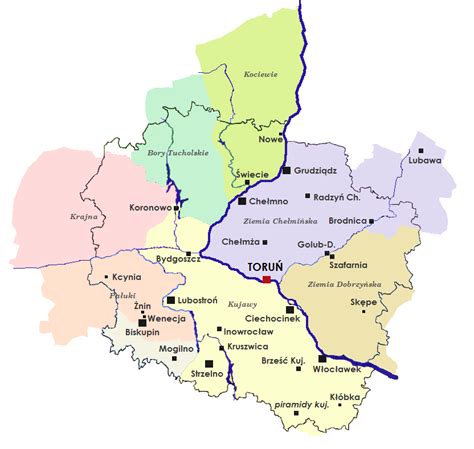Mapa regionu Kujawsko-Pomorskiego z zaznaczonymi potencjalnymi miejscami na organizację przyjęć.