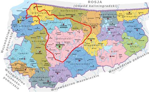 mapa regionu Mazur z zaznaczoną lokalizacją pensjonatu Stręgielek oraz pobliskimi atrakcjami