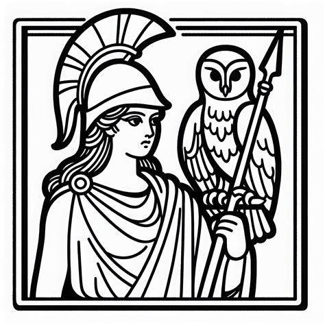 Ilustracja przedstawiająca Atenę z atrybutami: włócznią, tarczą i sową.