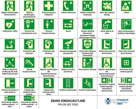 Przykłady naklejek BHP: ostrzegawcze, informacyjne, ewakuacyjne.