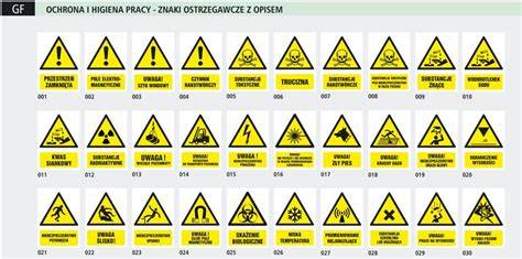 Grafika przedstawiająca różne międzynarodowe piktogramy BHP.