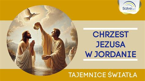 Ilustracja przedstawiająca chrzest Jezusa w Jordanie, z otwartym niebem, Duchu Świętym w postaci gołębicy i głosem Ojca.