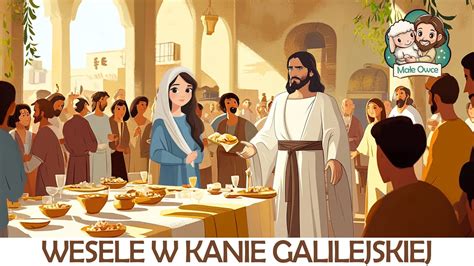 Ilustracja przedstawiająca cud w Kanie Galilejskiej - przemiana wody w wino.