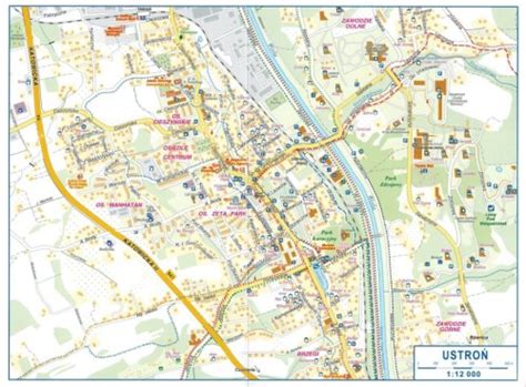 Mapa Ustronia z zaznaczonymi głównymi atrakcjami turystycznymi i uzdrowiskowymi