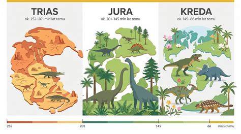 Ilustracja przedstawiająca dinozaury w krajobrazie ery mezozoicznej.