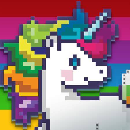 Ilustracja przedstawiająca interfejs gry Pixel By Color: Art Puzzle z kolorowymi pikselami i polami z liczbami.