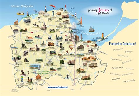 Mapa Pomorza z zaznaczonymi głównymi miejscowościami turystycznymi