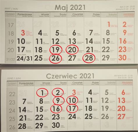 Kalendarz z zaznaczonymi datami świąt i nabożeństw.