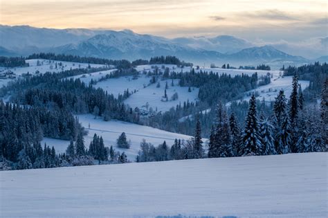 Panorama Białki Tatrzańskiej zimą ze stokami narciarskimi i górami w tle