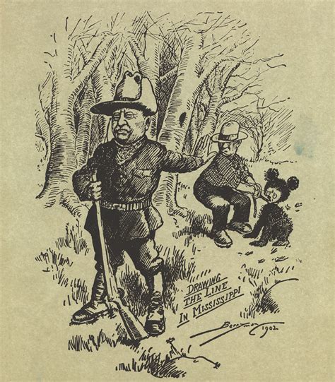 Ilustracja przedstawiająca Teodora Roosevelta i małego niedźwiadka, zainspirowana komiksem Clifforda Berrymana.