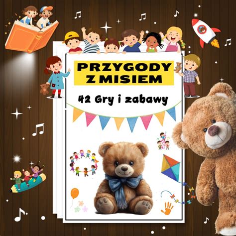 Grupa dzieci bawiąca się z Pluszowym Misiem w sali przedszkolnej.