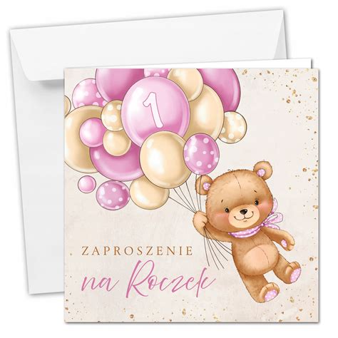 Ilustracja różowego zaproszenia na Roczek dla dziewczynki z motywem złotych balonów i jedynki.