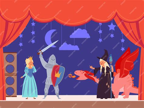 Ilustracja przedstawiająca scenę z teatru dla dzieci, ukazująca interakcję między aktorami a widownią