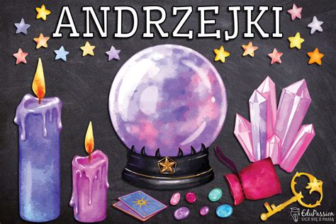 grafika przedstawiająca symbolikę andrzejkową: świece, wosk, karty tarota