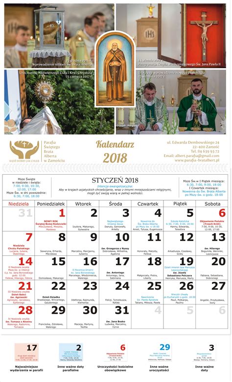 Kalendarz parafialny z zaznaczonymi wydarzeniami religijnymi