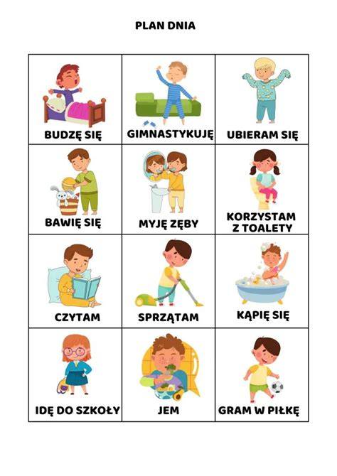 Ilustracja przedstawiająca różne czynności wykonywane przez ludzi, np. bieganie, czytanie, pisanie, jedzenie.