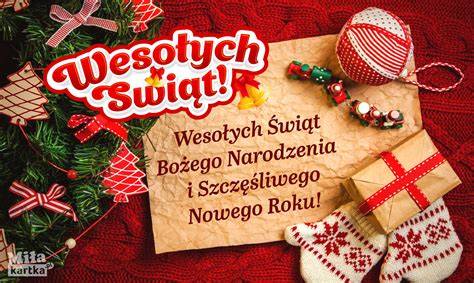 Przykład czerwonej kartki bożonarodzeniowej z centralnie umieszczonym motywem świątecznym i napisem