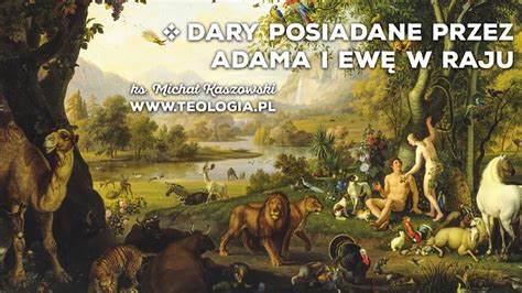 ilustracja przedstawiająca Adama i Ewę w strojach ze skór zwierząt w otoczeniu natury